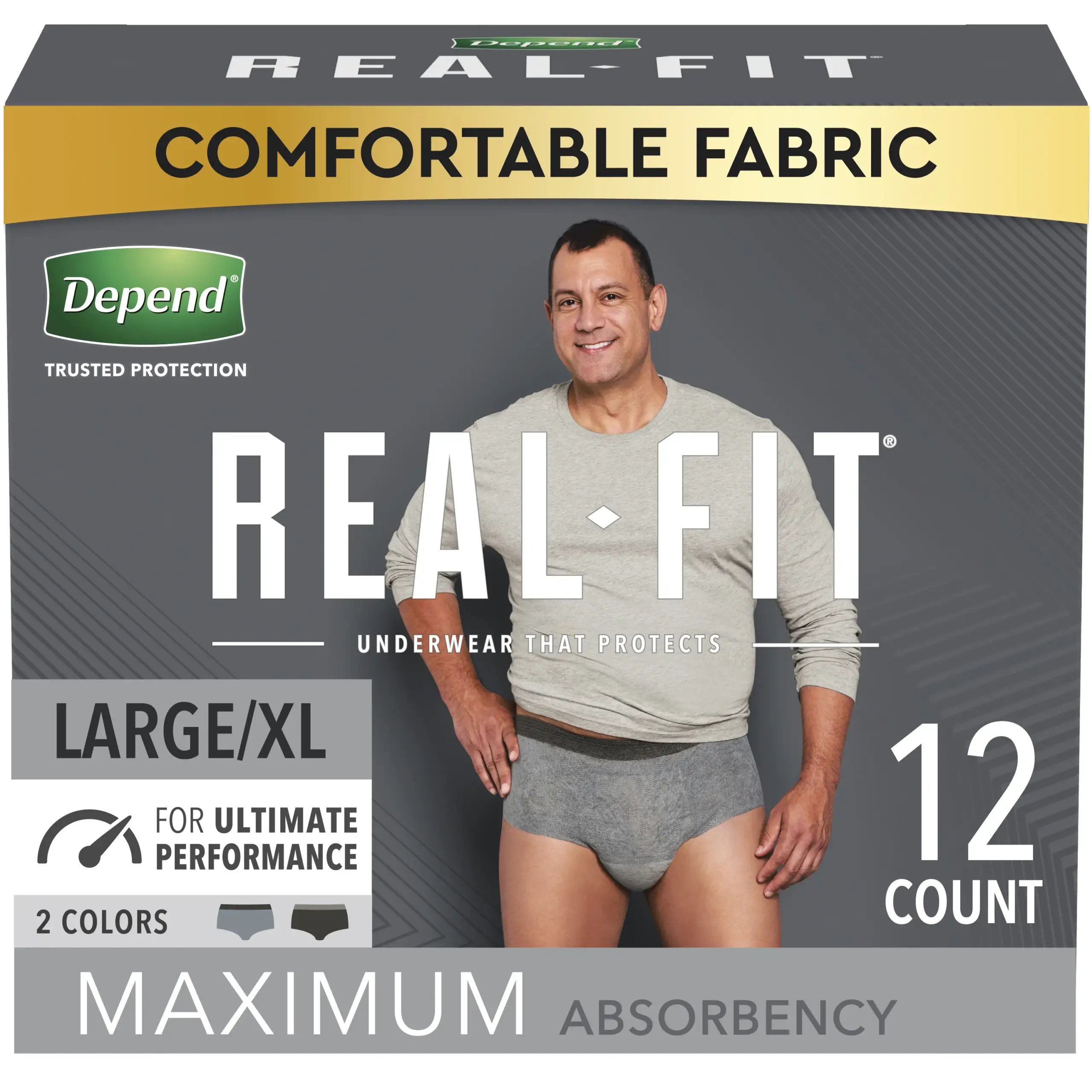 Depend Real Fit Incontinence Underwear for Men, Maximum Absorbency, L/XL, Black & Grey, Waist 38-50"