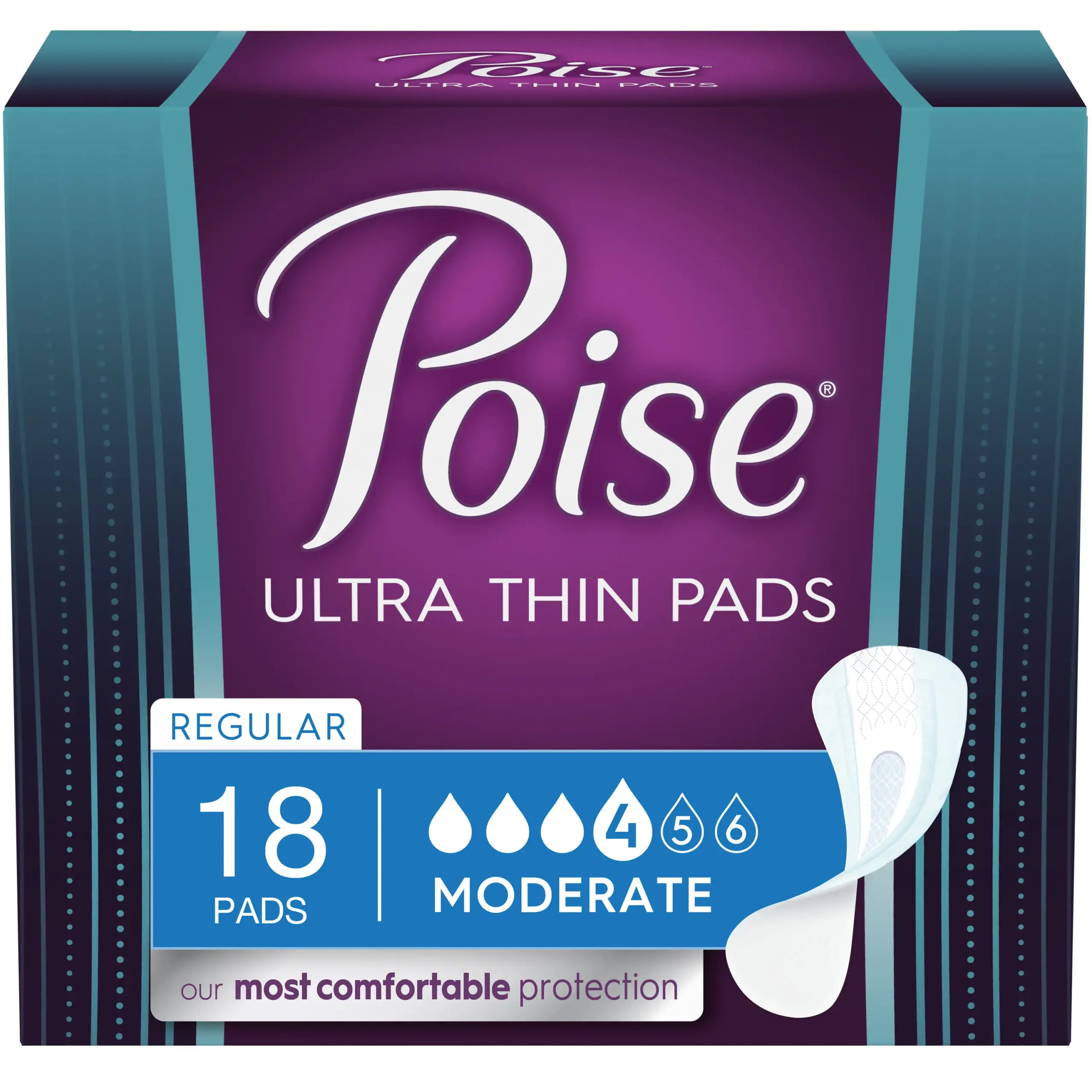 Poise Ultra Thin Incontinence Pads, Moderate Absorbency, 18 Count, Regular Length, 10.24 " Long