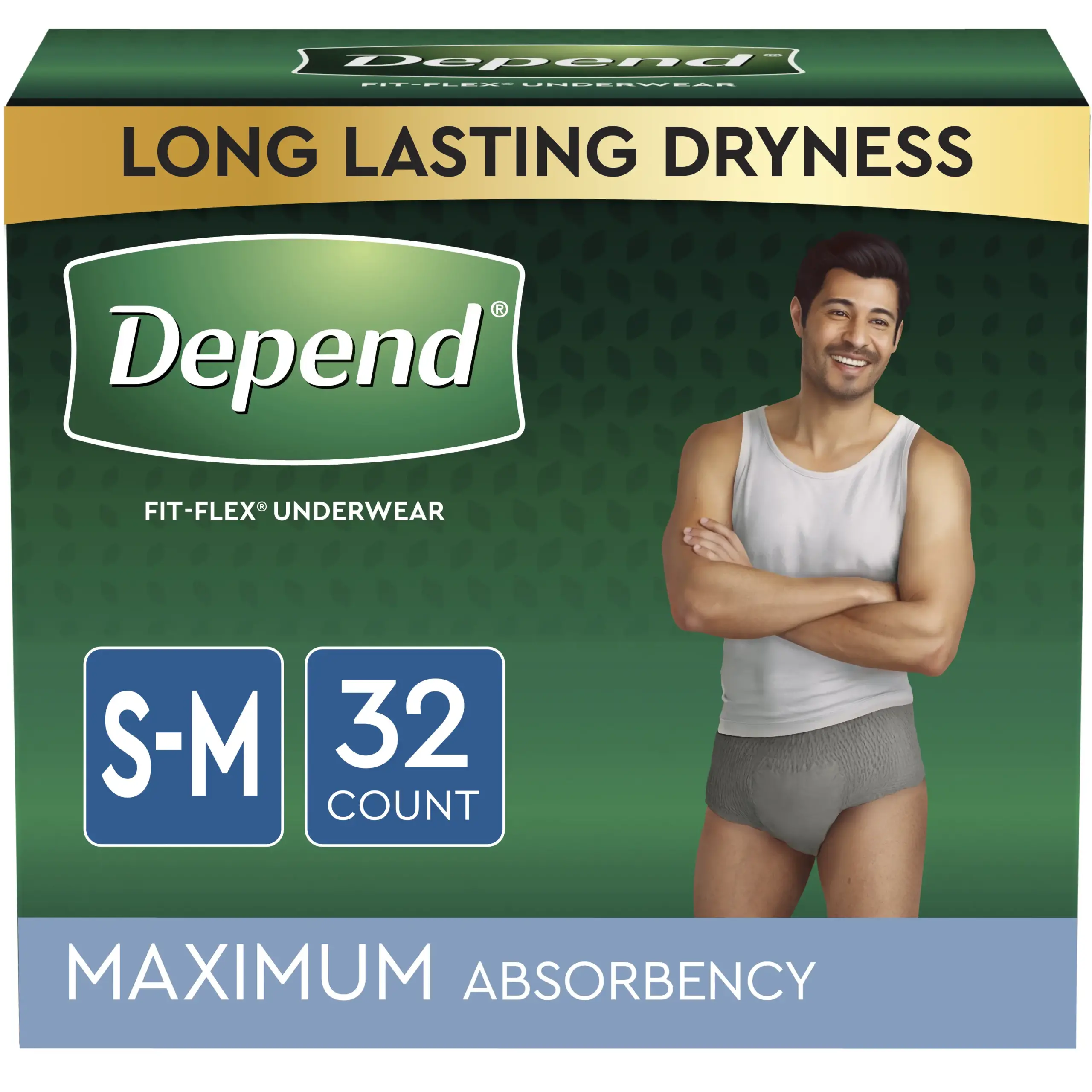 Depend FIT-FLEX Incontinence Underwear for Men, Maximum Absorbency, Small/Medium, Gray, 32 Count, Replaces Item 6912539